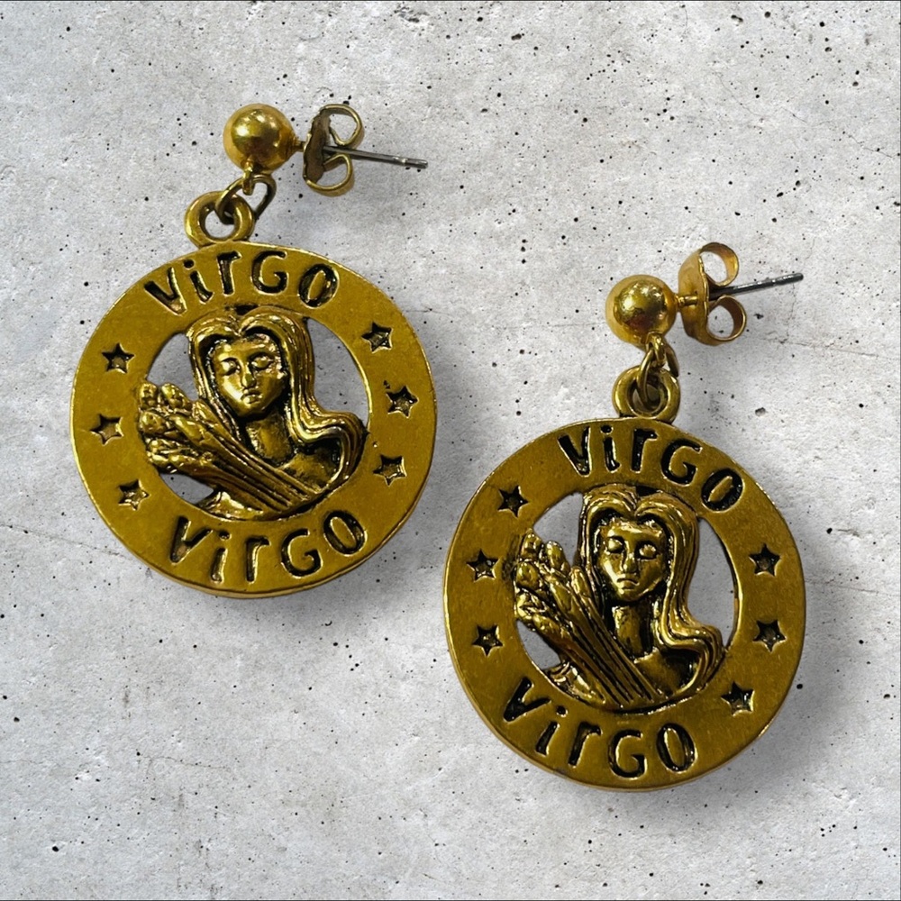 Vintage Virgo Zodiac Gold Toned Dangle Earrings